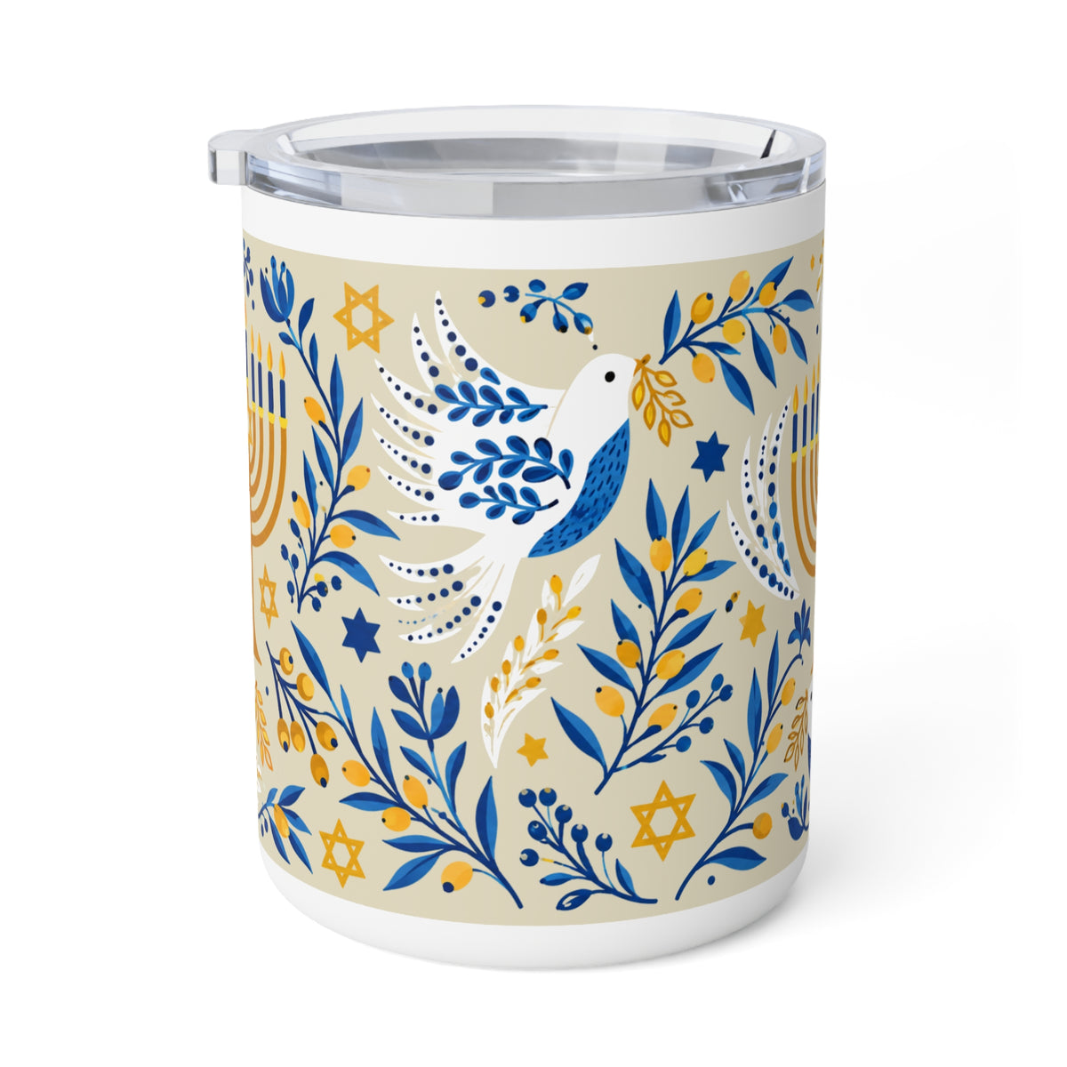 A white insulated tumbler with a clear lid, decorated with a festive Israeli-themed pattern featuring a white and blue dove, blue and yellow botanical leaves, Star of David motifs, and menorahs on a warm beige background.