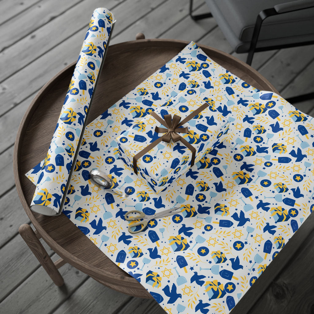 Blue Dove & Star of David Gift Wrap with Olive Branches and Dreidels