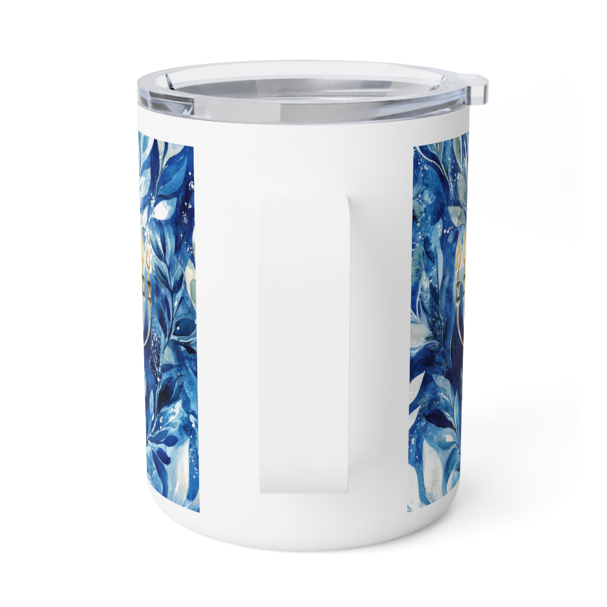 A white insulated tumbler with a clear lid and a vertical blue abstract floral pattern wrapping around the sides, shown on a clean white background.