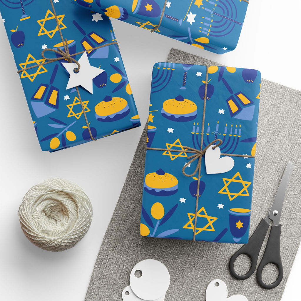 Hanukkah Wrapping Paper - Blue Gift Wrap with Menorahs