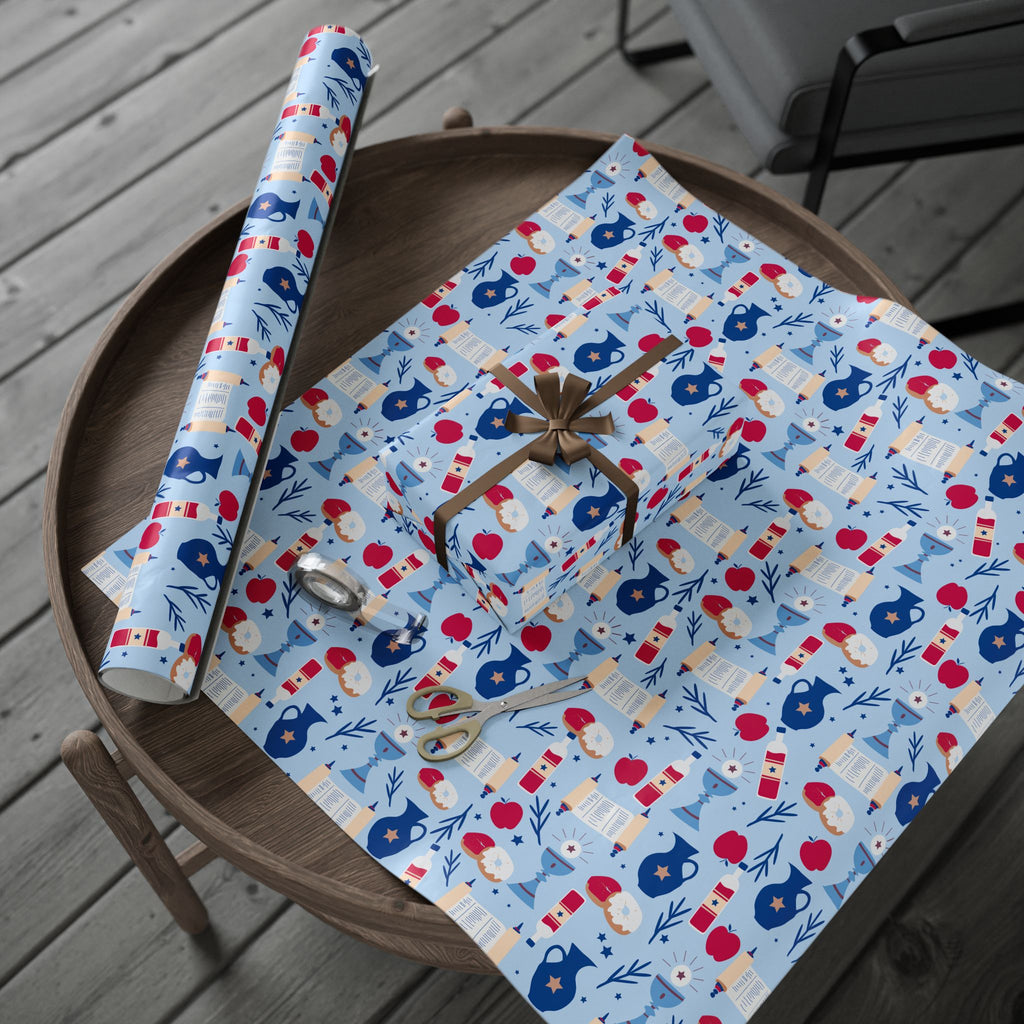 Light Blue Gift Wrap with Torah Scrolls, Challah, Apples | Judaica Wrapping Paper