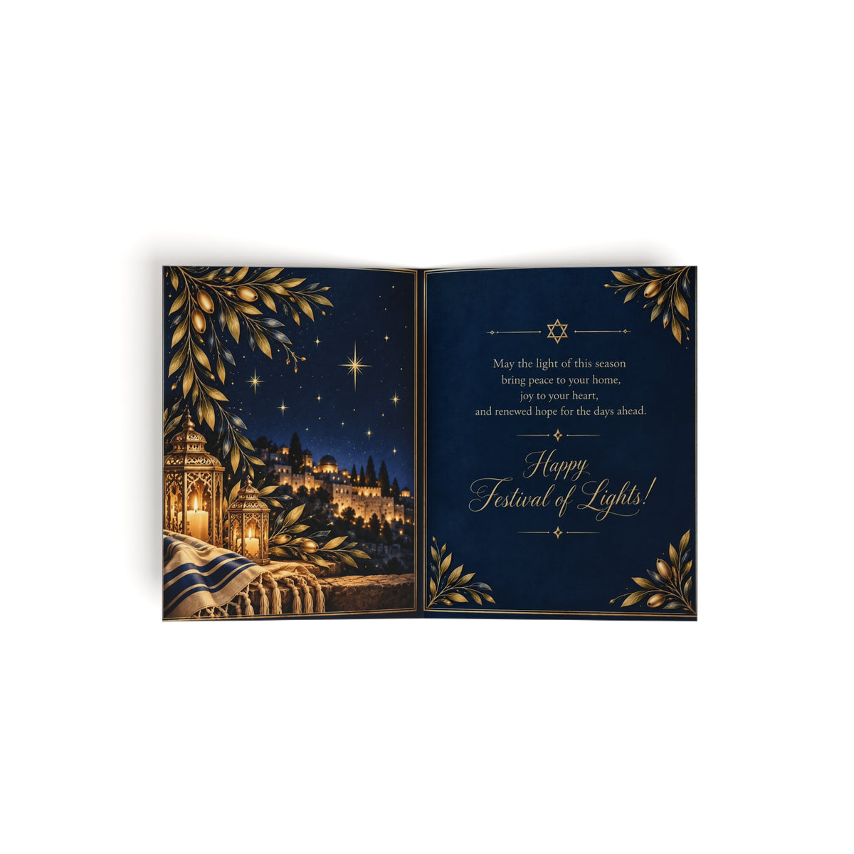 Happy Festival of Lights Hanukkah Card | Jerusalem Menorah Greeting Card (8, 16, and 24 pcs)