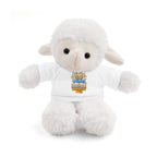 White plush lamb toy wearing a white shirt with a colorful emblem on a white background