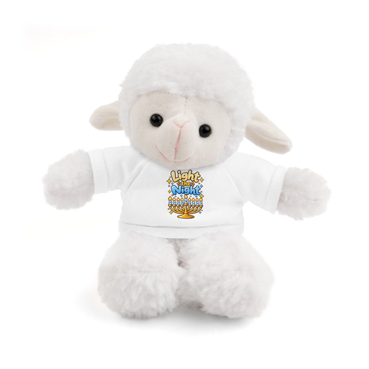 White plush lamb toy wearing a white shirt with a colorful emblem on a white background