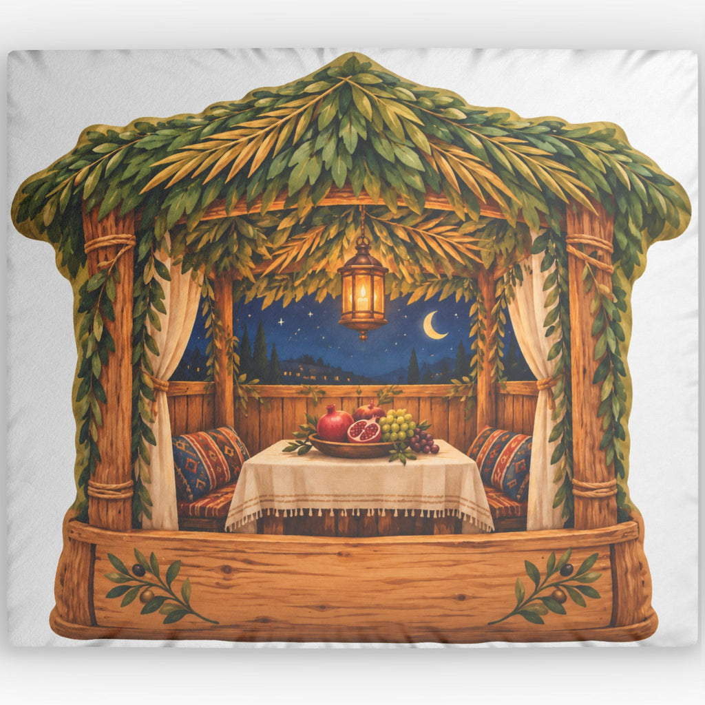 A square decorative pillow featuring a detailed illustration of a rustic wooden cabana with leafy vines, a hanging lantern, patterned cushions, and a table set with fruit under a night sky with a crescent moon.