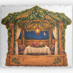 A square decorative pillow featuring a detailed illustration of a rustic wooden cabana with leafy vines, a hanging lantern, patterned cushions, and a table set with fruit under a night sky with a crescent moon.