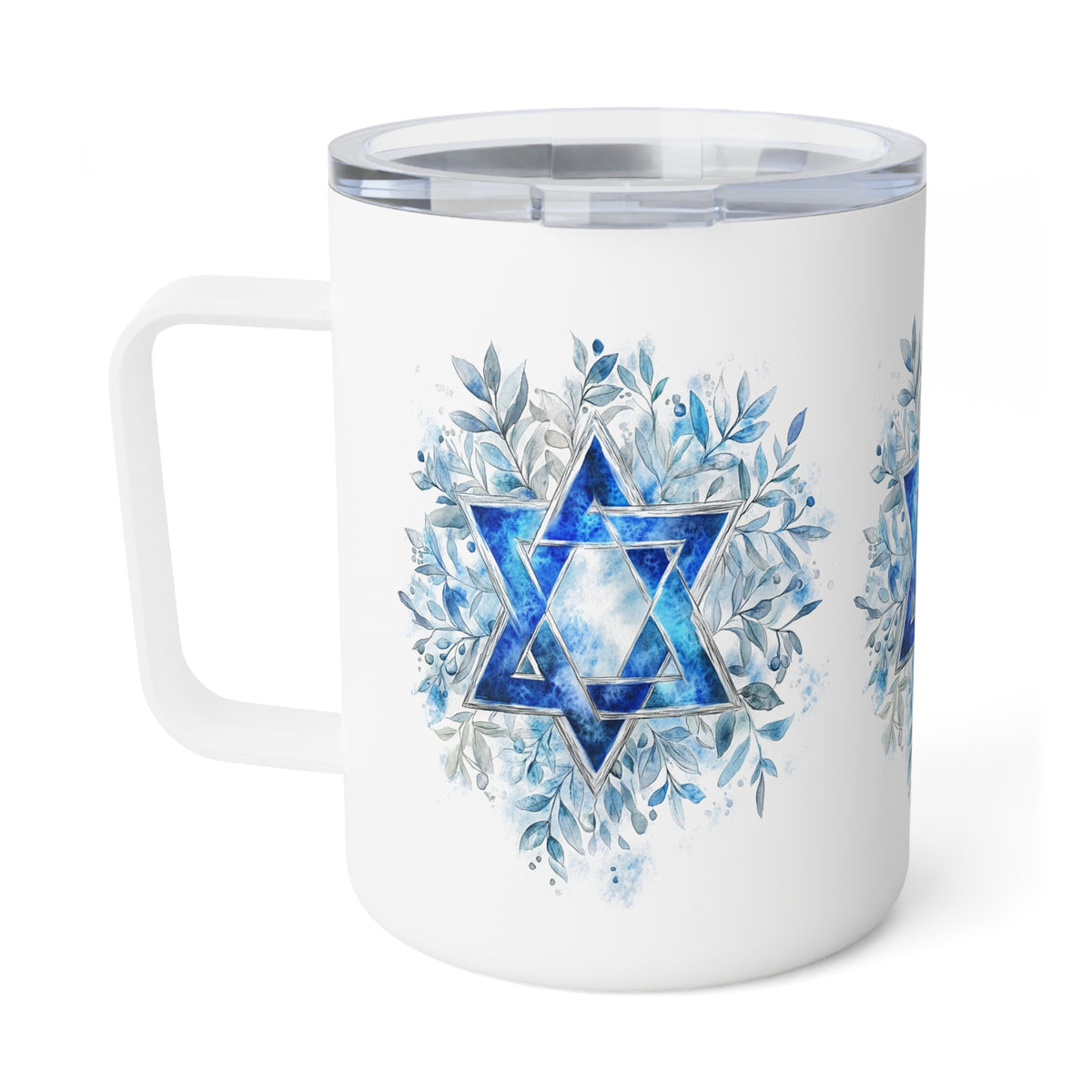 A white insulated tumbler with a clear lid and a printed blue Star of David design surrounded by watercolor-style blue leaves, shown on a white background.