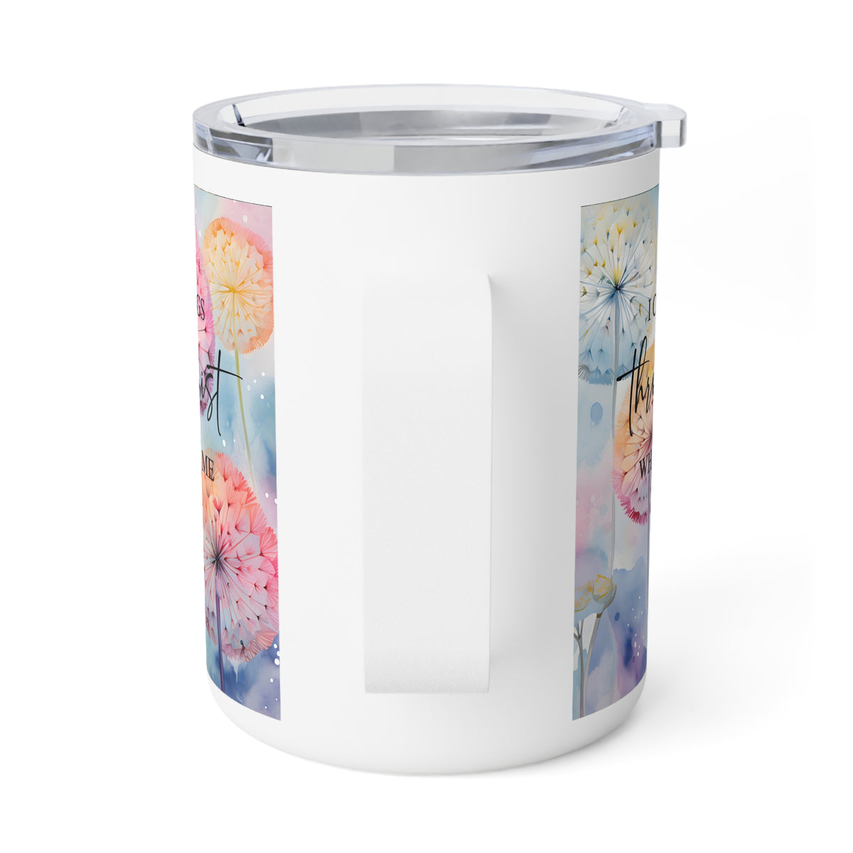 A white insulated travel tumbler with a clear lid and a vertical handle, decorated with pastel watercolor dandelion illustrations and script text on the sides.