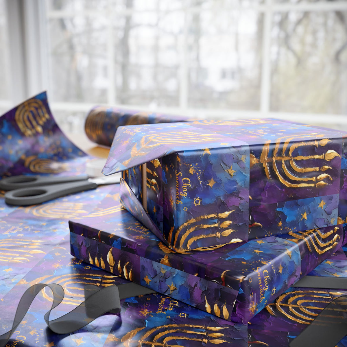 Menorah Gift Wrap in Purple & Gold |  Festival of Lights Gift Supplies