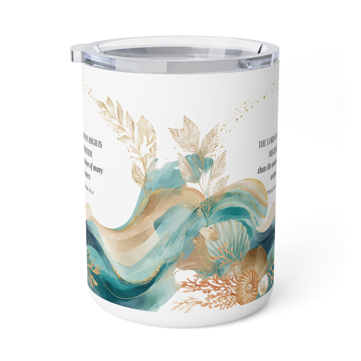 A white insulated tumbler with a clear lid, decorated with teal and gold watercolor waves, botanical leaves, and partial black text on the side.