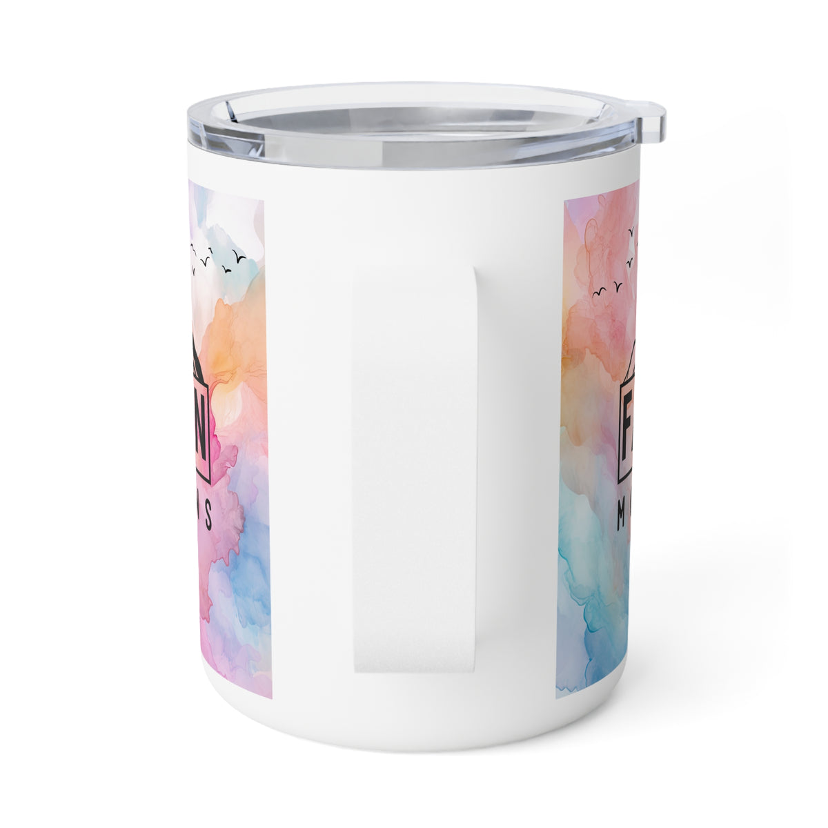 A white insulated travel mug with a clear lid and a colorful pastel watercolor print on the sides, shown on a clean white background.