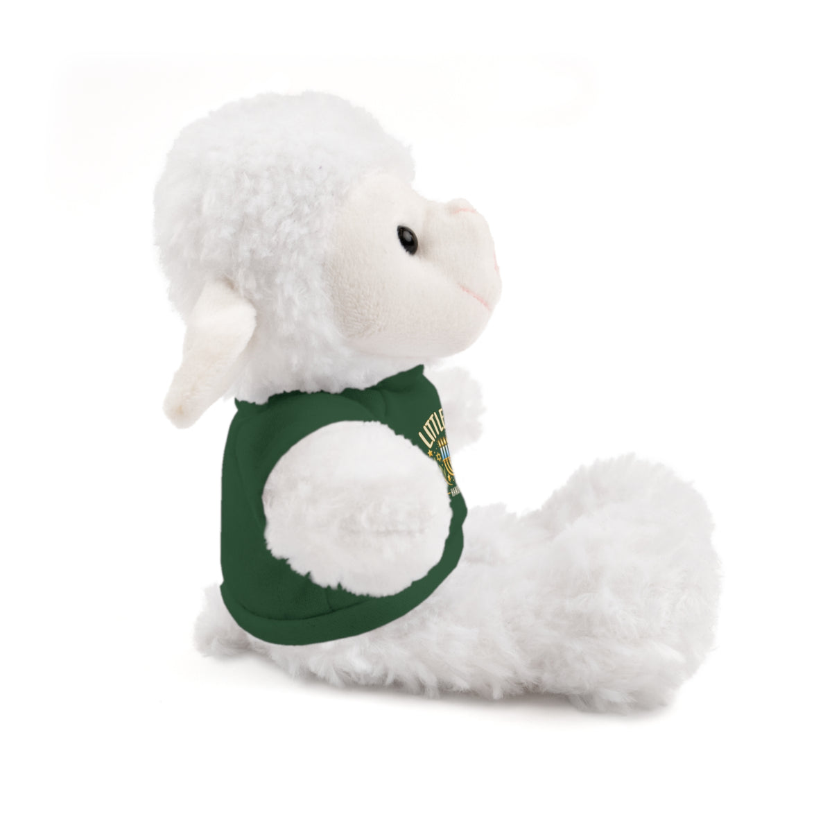 White plush toy with a green shirt on a white background