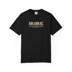 A black short-sleeve crewneck t-shirt featuring a small white silhouette of a twin-engine propeller airplane printed on the center chest, displayed against a clean white background.