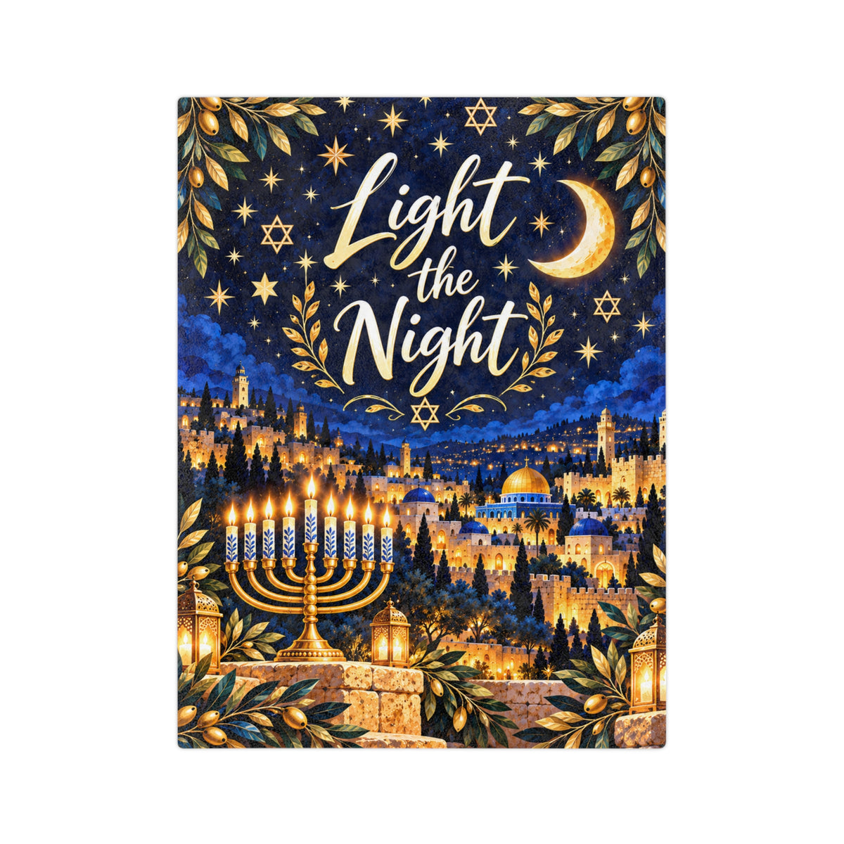 Light the Night Hanukkah Blanket – Navy & Gold Festival of Lights Velveteen Throw | Jerusalem-Inspired Menorah Gift