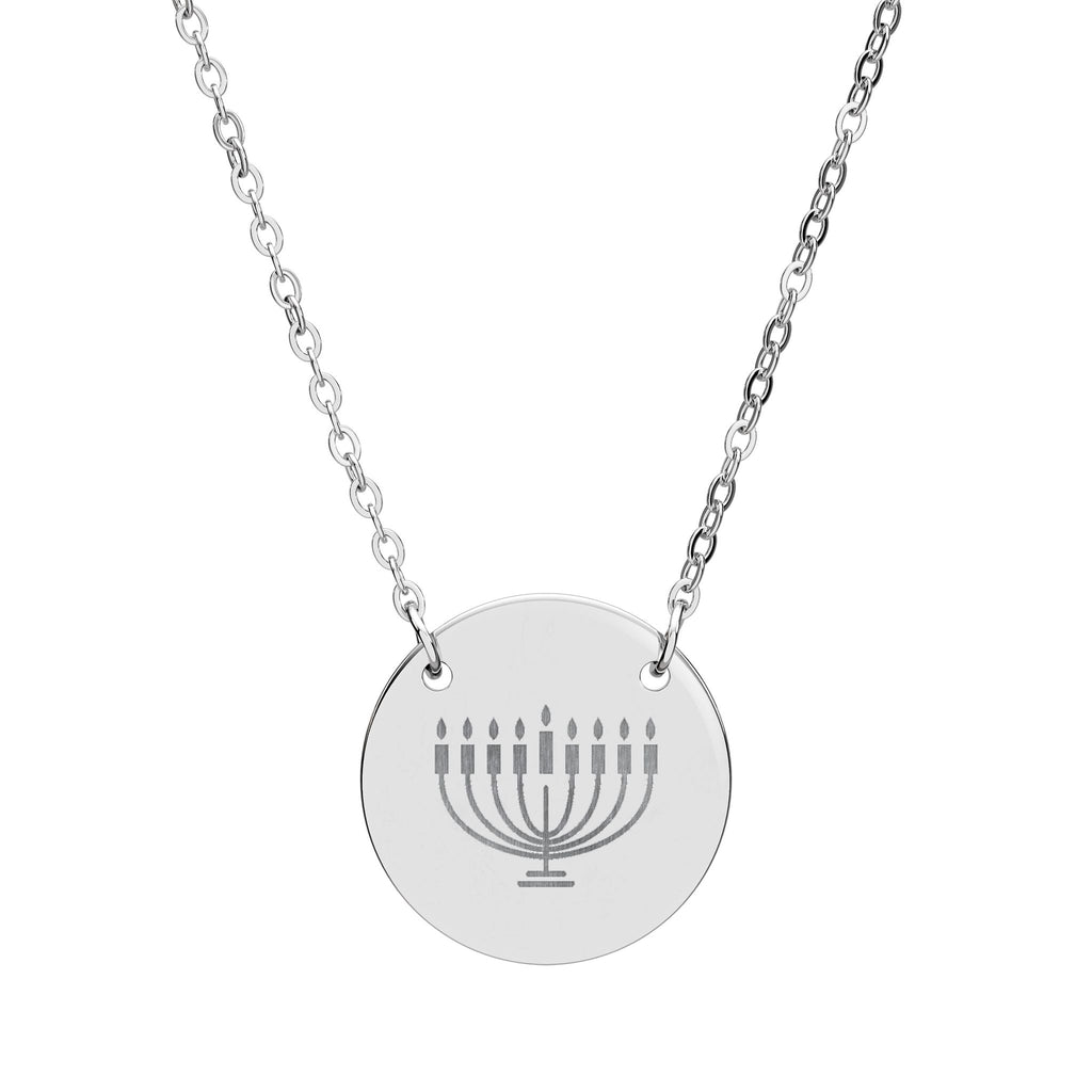 Engraved Hanukkiah Necklace | 18mm Hanukkah Pendant in Rose Gold or Rainbow