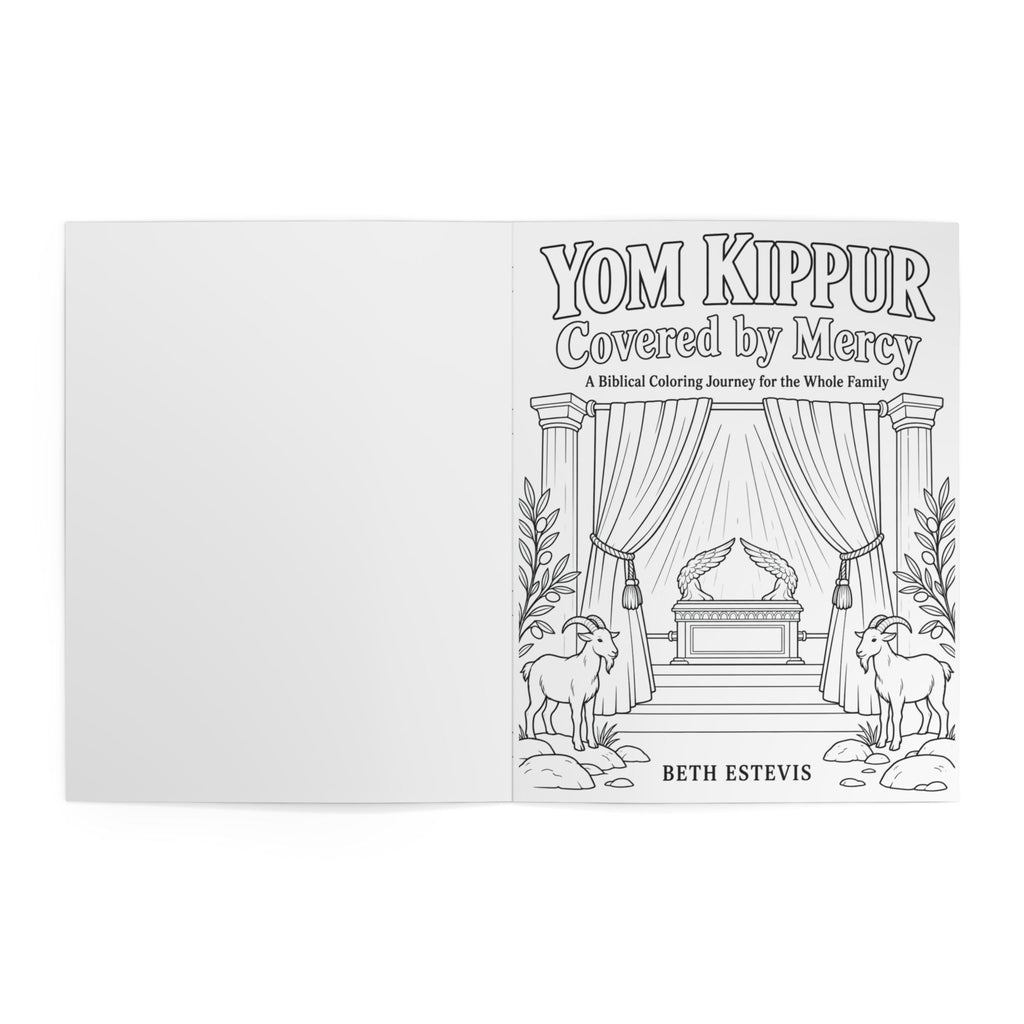 A book cover for 'Yom Kippur Covered by Mercy' by Beth Estevis, featuring a black and white line art illustration of a ceremonial ark under draped curtains with two goats at the base, shown against a plain white background.