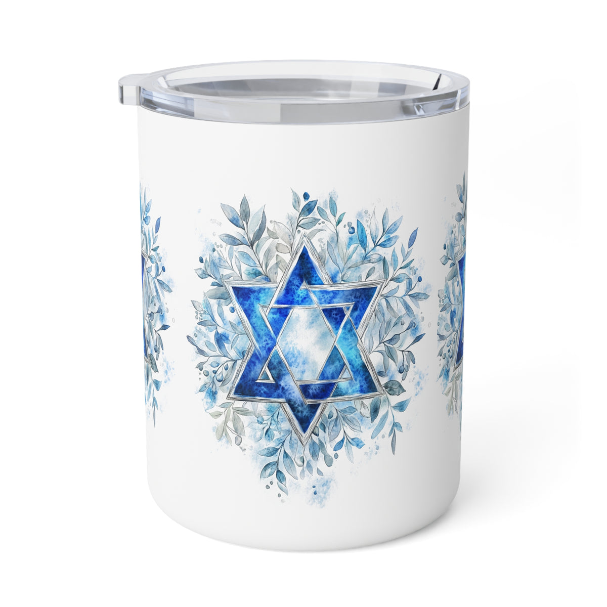 A white insulated tumbler with a clear lid, featuring a blue watercolor Star of David design surrounded by blue and silver leafy floral patterns on the front.
