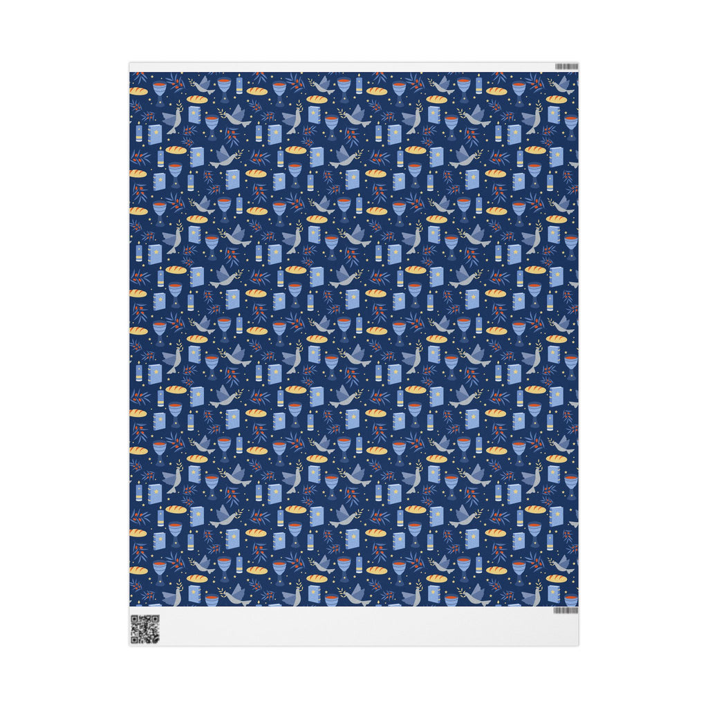 Judaica Gift Wrap with Challah, Kiddush Cup, Doves & Olive Branches