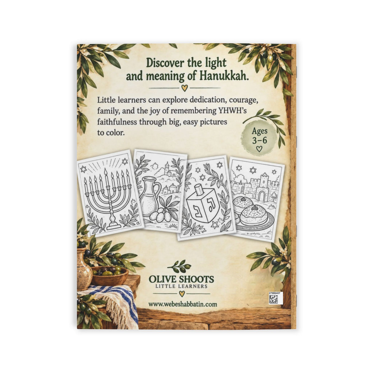 Olive Shoots Little Learners Hanukkah coloring book cover, featuring three black and white coloring pages of a menorah, dreidel, and Passover Seder, with decorative botanical borders and a rustic wood background.