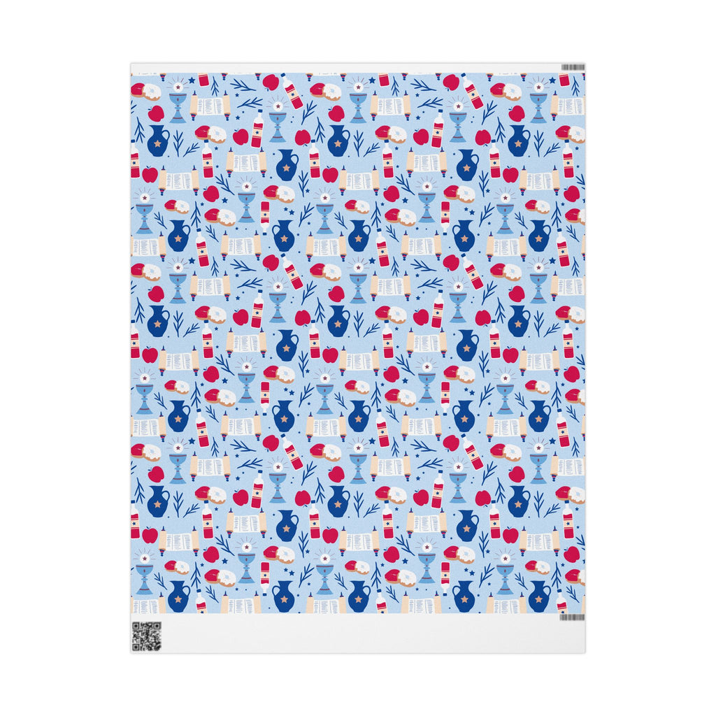Light Blue Gift Wrap with Torah Scrolls, Challah, Apples | Judaica Wrapping Paper