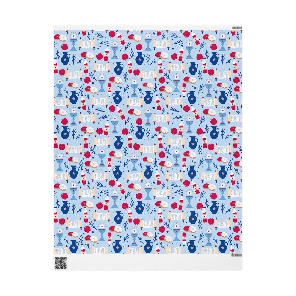 Light Blue Gift Wrap with Torah Scrolls, Challah, Apples | Judaica Wrapping Paper