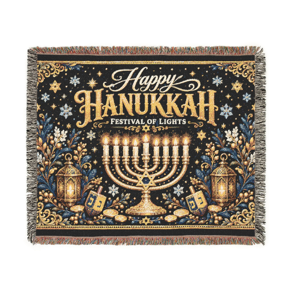 A square woven tapestry throw blanket with fringe on all sides, featuring a Hanukkah design with a golden menorah, stars, lanterns, coins, and the text 'Happy Hanukkah Festival of Lights' on a dark navy background.