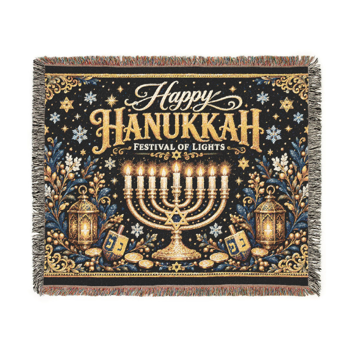 A square woven tapestry throw blanket with fringe on all sides, featuring a Hanukkah design with a golden menorah, stars, lanterns, coins, and the text 'Happy Hanukkah Festival of Lights' on a dark navy background.