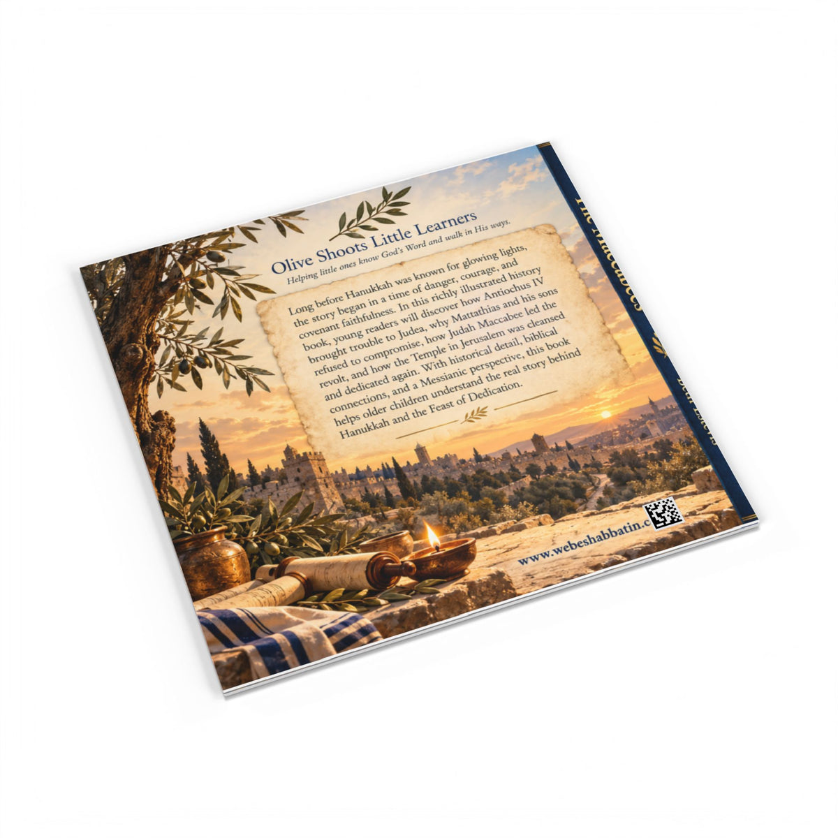 A printed booklet or book cover titled 'Olive Shabbat Little Learners' shown at an angle on a plain white background. The cover features a scenic sunset landscape with olive trees, a candle, and a picnic blanket, plus a block of text and the website www.