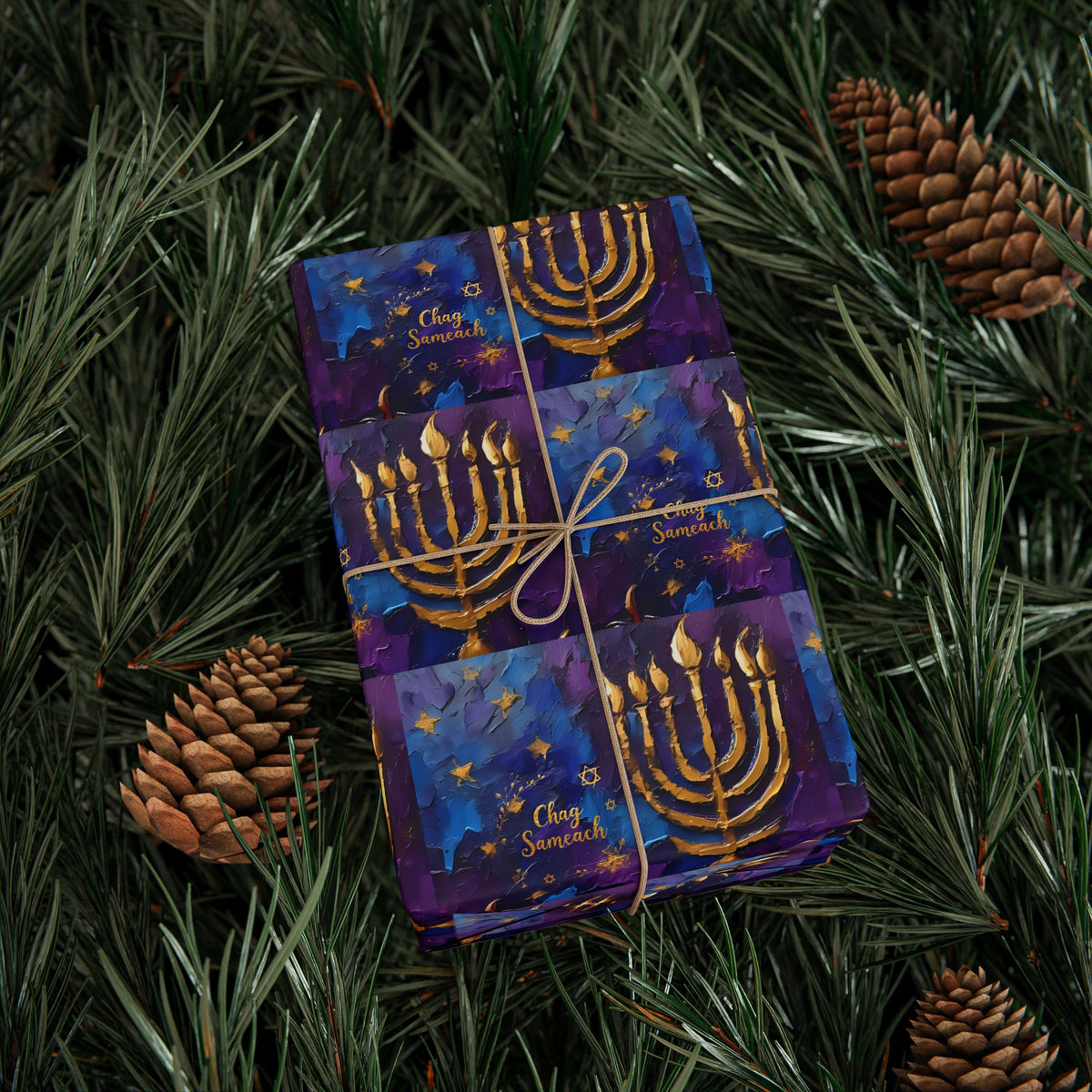 Menorah Gift Wrap in Purple & Gold |  Festival of Lights Gift Supplies