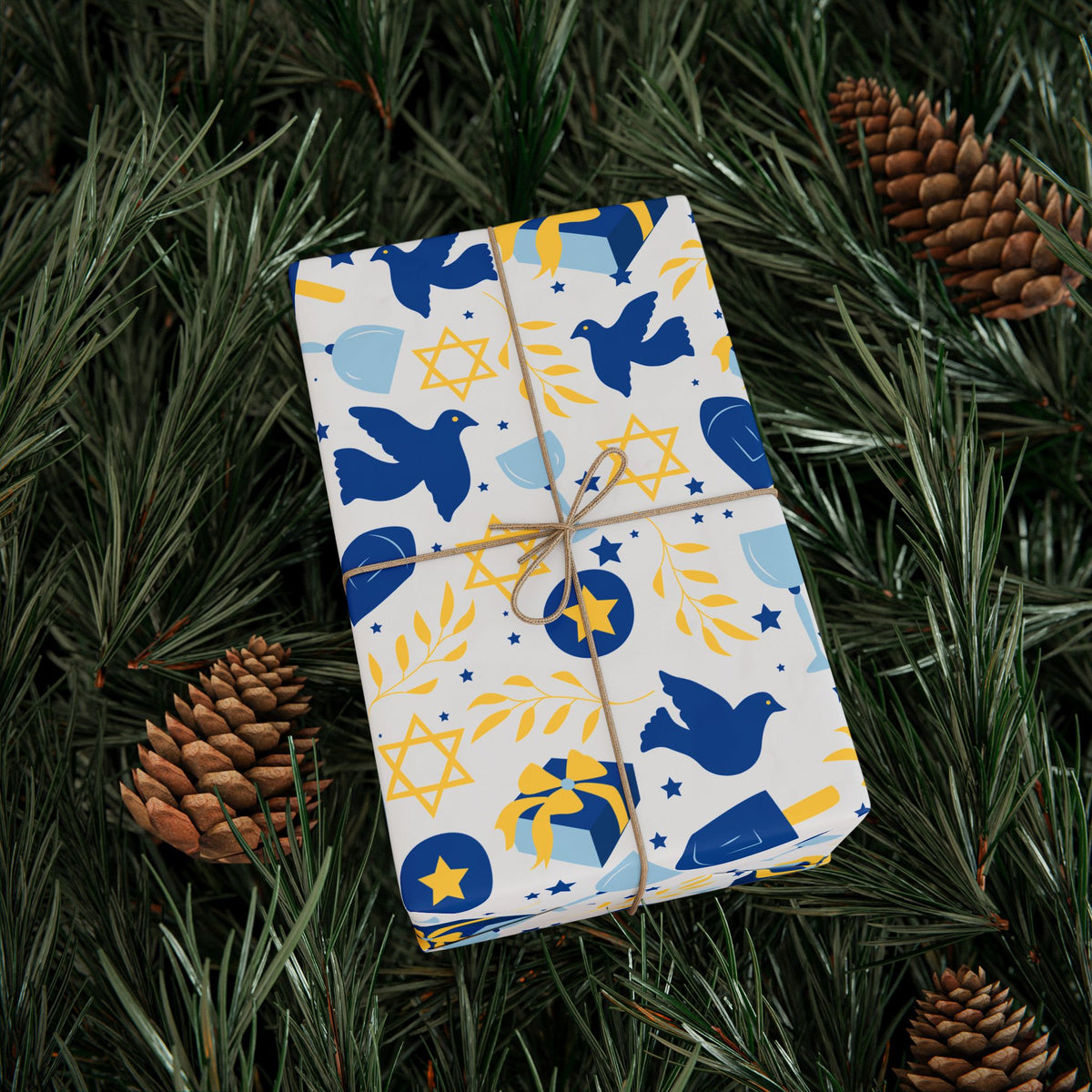Blue Dove & Star of David Gift Wrap with Olive Branches and Dreidels