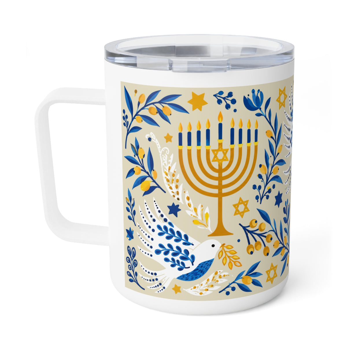 A white insulated travel mug with a clear lid, featuring a festive Hanukkah illustration on the side. The design includes a gold menorah, blue and white doves, blue stars, and blue floral branches on a light beige background.