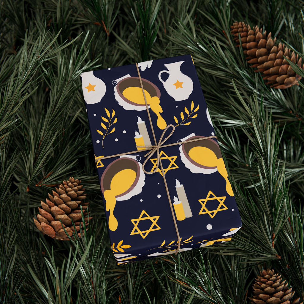 Navy & Gold Judaica Gift Wrap with Doves, Candles, and Stars of David