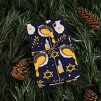 Navy & Gold Judaica Gift Wrap with Doves, Candles, and Stars of David
