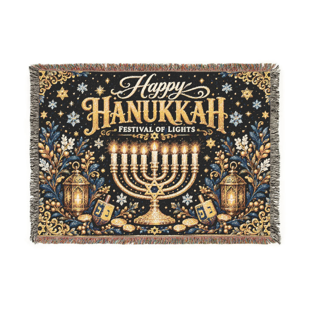 A rectangular woven tapestry with fringe on the edges, featuring a Hanukkah design. The tapestry has a dark navy blue background decorated with gold and silver lettering that reads 'Happy Hanukkah Festival of Lights', a golden menorah in the center, lanterns, stars, and dreidels.