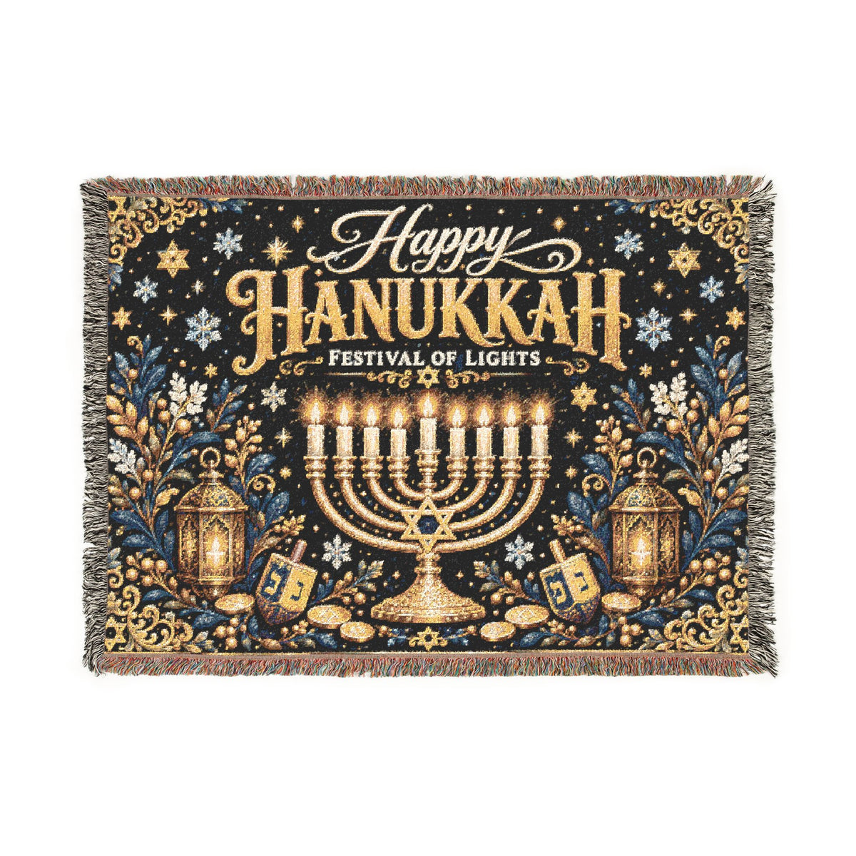 A rectangular woven tapestry with fringe on the edges, featuring a Hanukkah design. The tapestry has a dark navy blue background decorated with gold and silver lettering that reads 'Happy Hanukkah Festival of Lights', a golden menorah in the center, lanterns, stars, and dreidels.