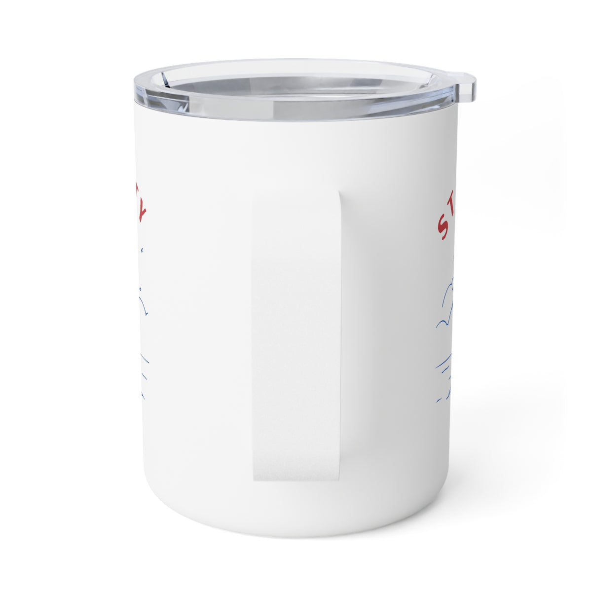 White tumbler with a clear lid on a white background
