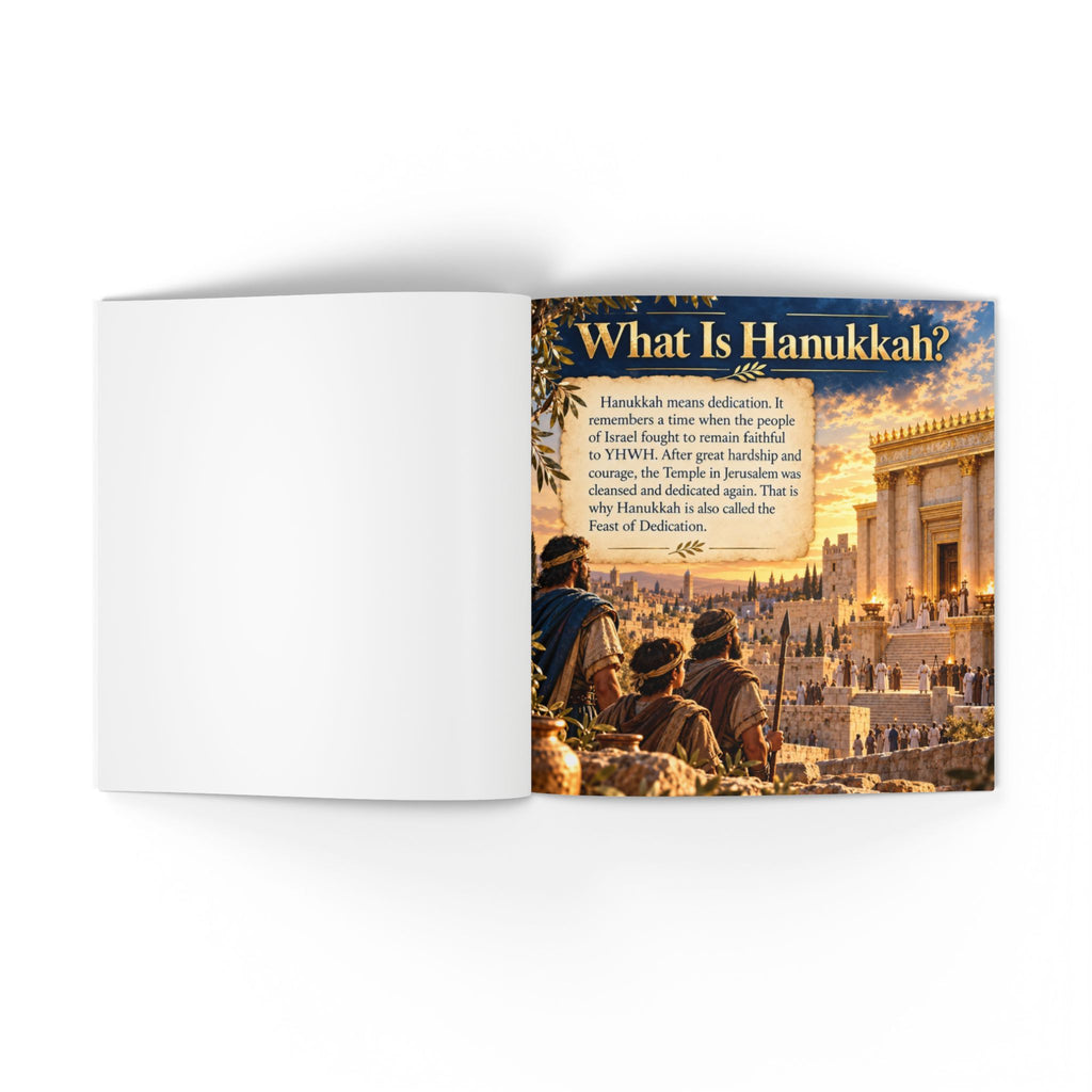 An open book or booklet shown against a plain white background. The right page features a large printed illustration and text titled "What Is Hanukkah?" with a warm-toned scene of the Jerusalem Temple and people in historical dress.