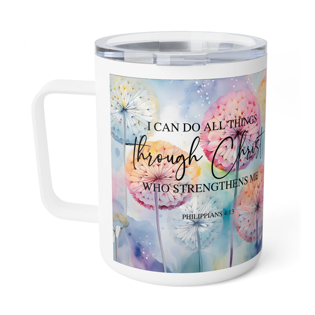 A white insulated coffee mug with a clear lid, featuring a colorful watercolor dandelion design and the Bible verse Philippians 4:13 printed on the front.