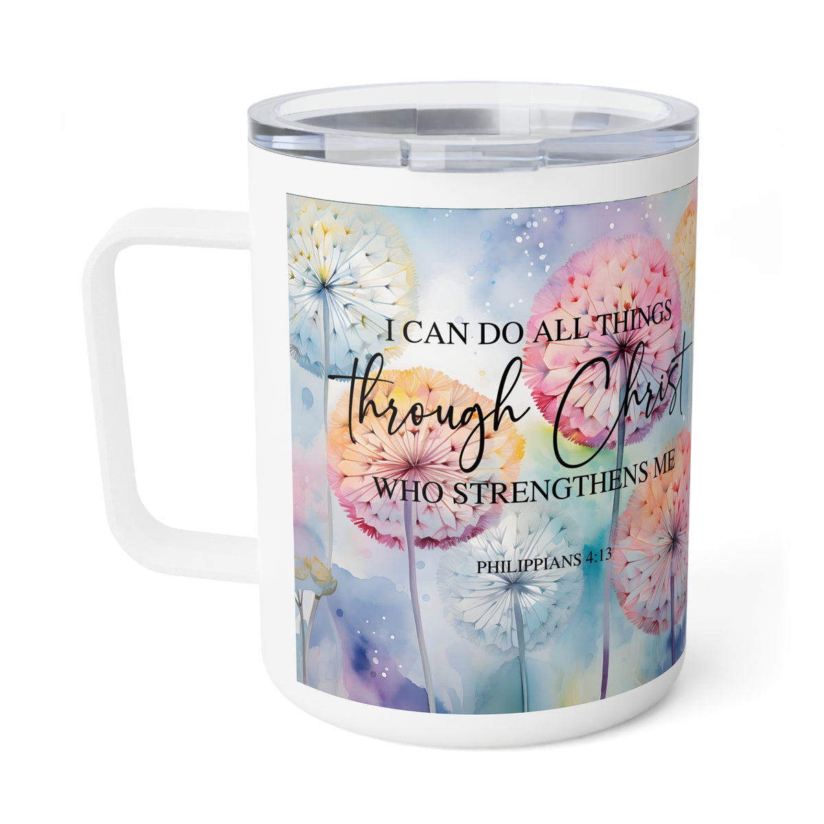 A white insulated coffee mug with a clear lid, featuring a colorful watercolor dandelion design and the Bible verse Philippians 4:13 printed on the front.