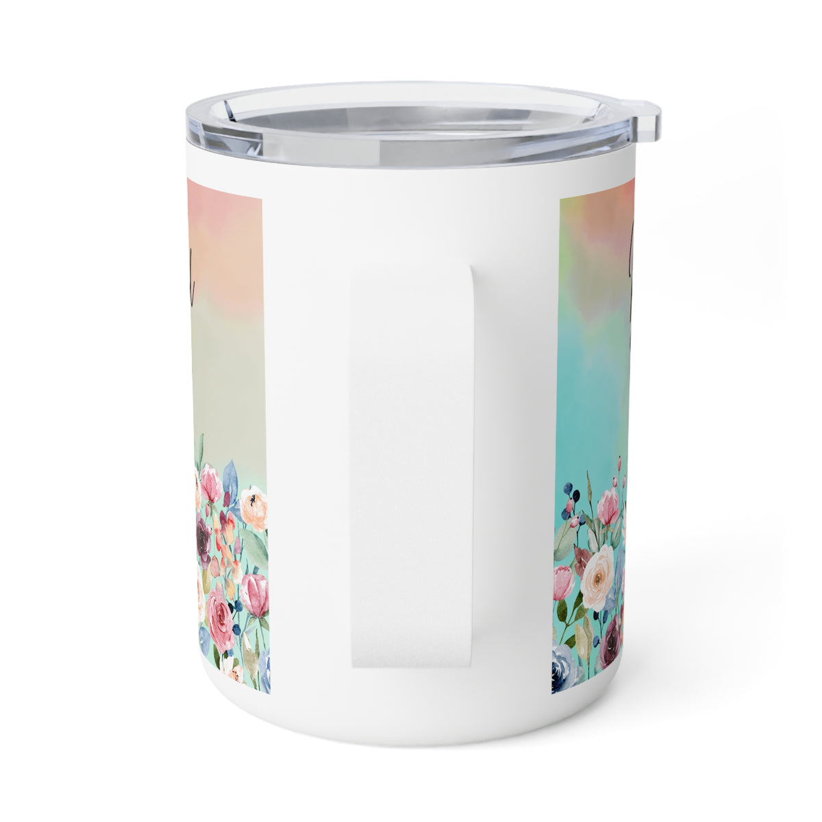A white insulated travel mug with a clear lid and handle, featuring pastel watercolor floral panels on the sides.