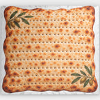 A square decorative pillow featuring a realistic printed design of a matzah cracker with toasted spots and olive branch illustrations in the top-left and bottom-right corners, shown against a white background.