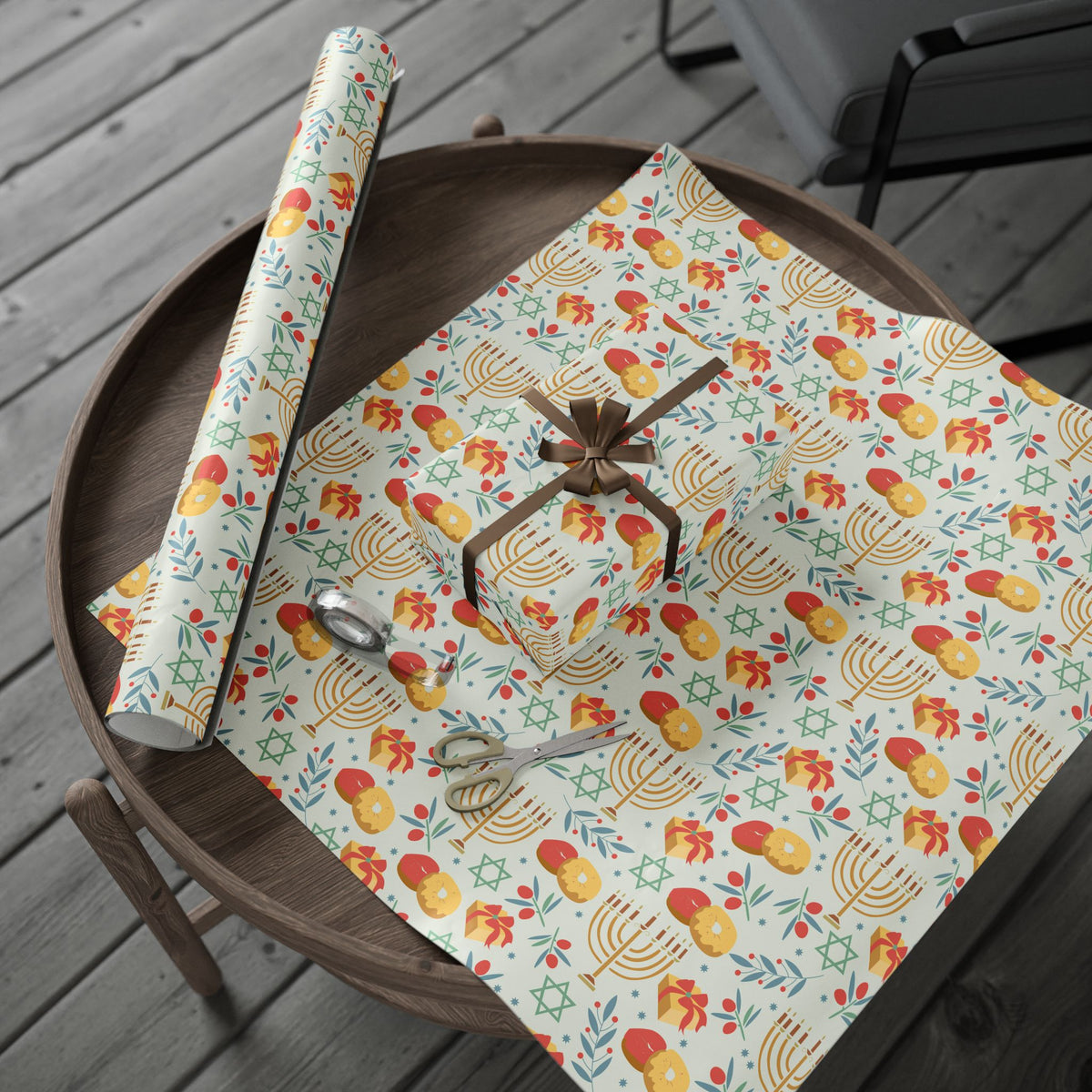 Hanukkah Wrapping Paper - Cream Judaica Gift Wrap with Menorahs & Olive Branches