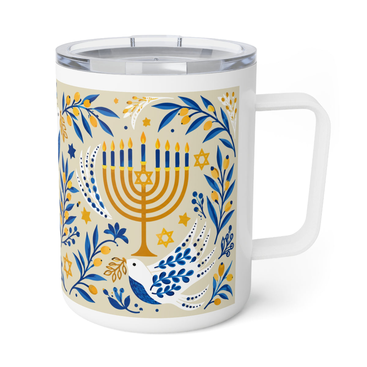 A white ceramic travel mug with a clear plastic lid, featuring a festive Hanukkah-themed illustration with a gold menorah, blue stars, leaves, and a white dove on a beige background.