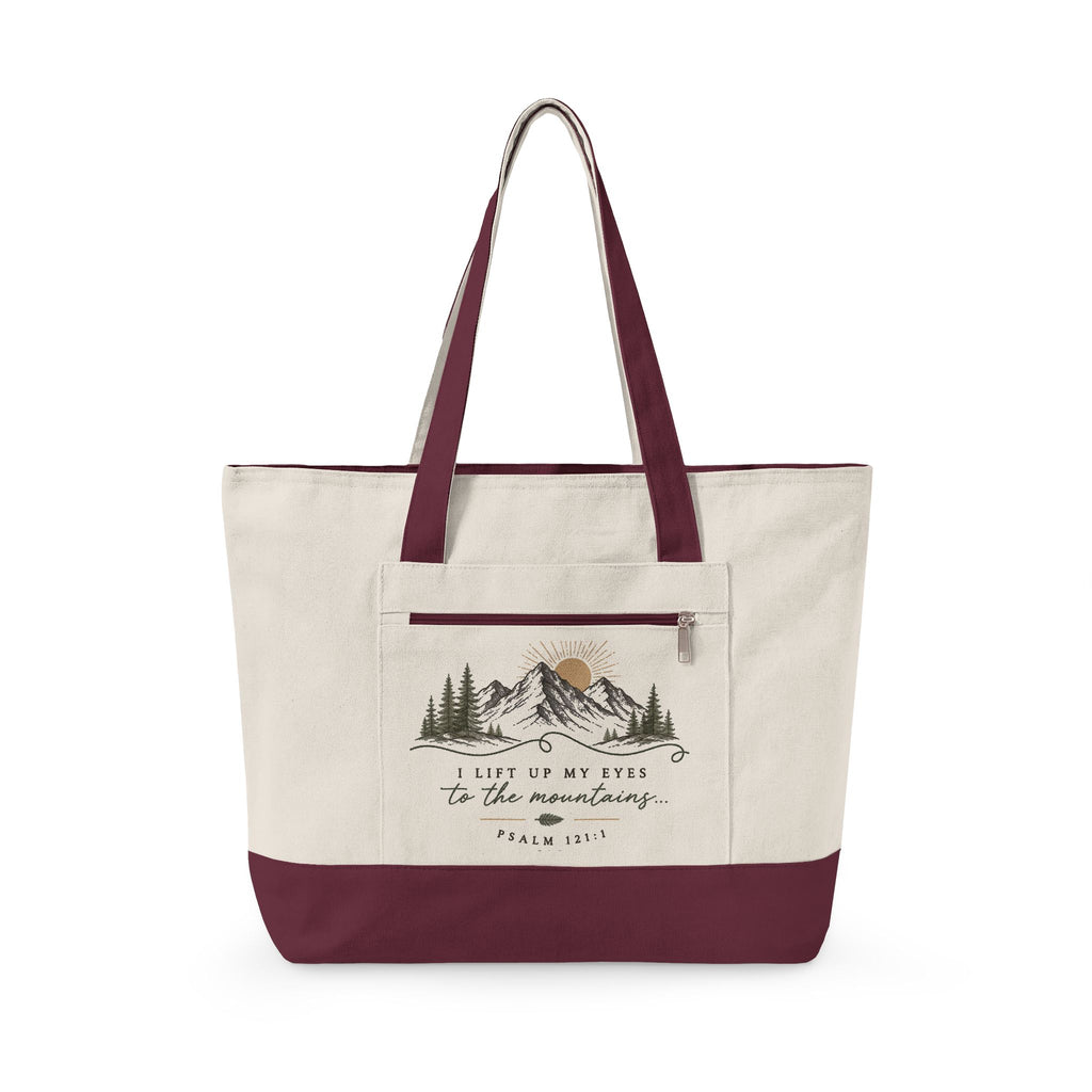 Canvas Tote Bag — Mountain Adventure Zip Tote with Sunrise Peak Design
