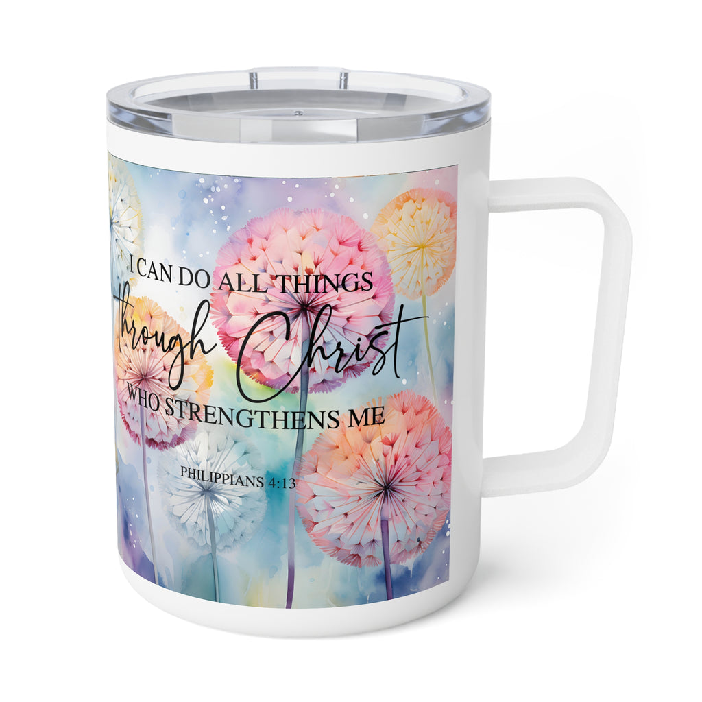A white insulated travel mug with a clear lid and handle, featuring a colorful watercolor dandelion design and the Bible verse Philippians 4:13 printed on the front.