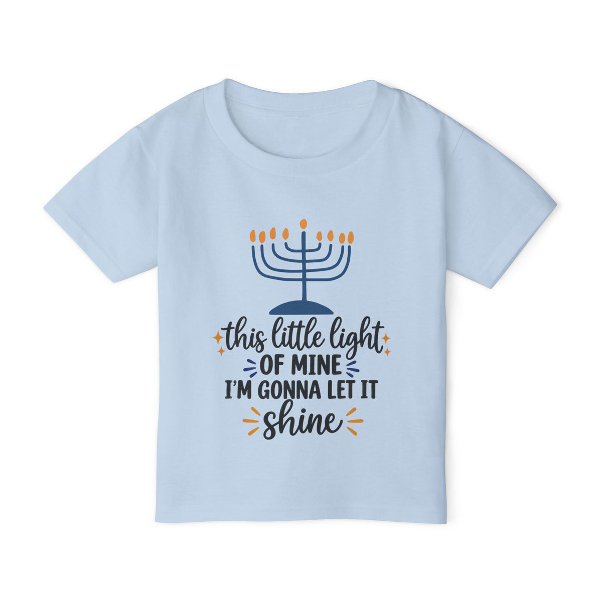 A light blue short-sleeve kids' t-shirt with a Hanukkah graphic on the front. The graphic features a navy blue menorah with orange flames and the text 'this little light OF MINE I'M GONNA LET IT shine' in navy and orange lettering.