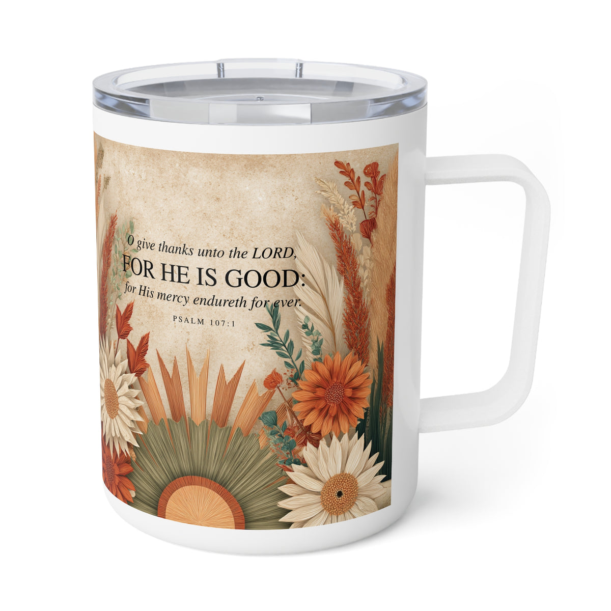 A white stainless steel mug with a clear lid and a printed autumn-themed design featuring the Bible verse Psalm 107:5 on a textured beige background with orange, brown, green, and cream fall foliage.