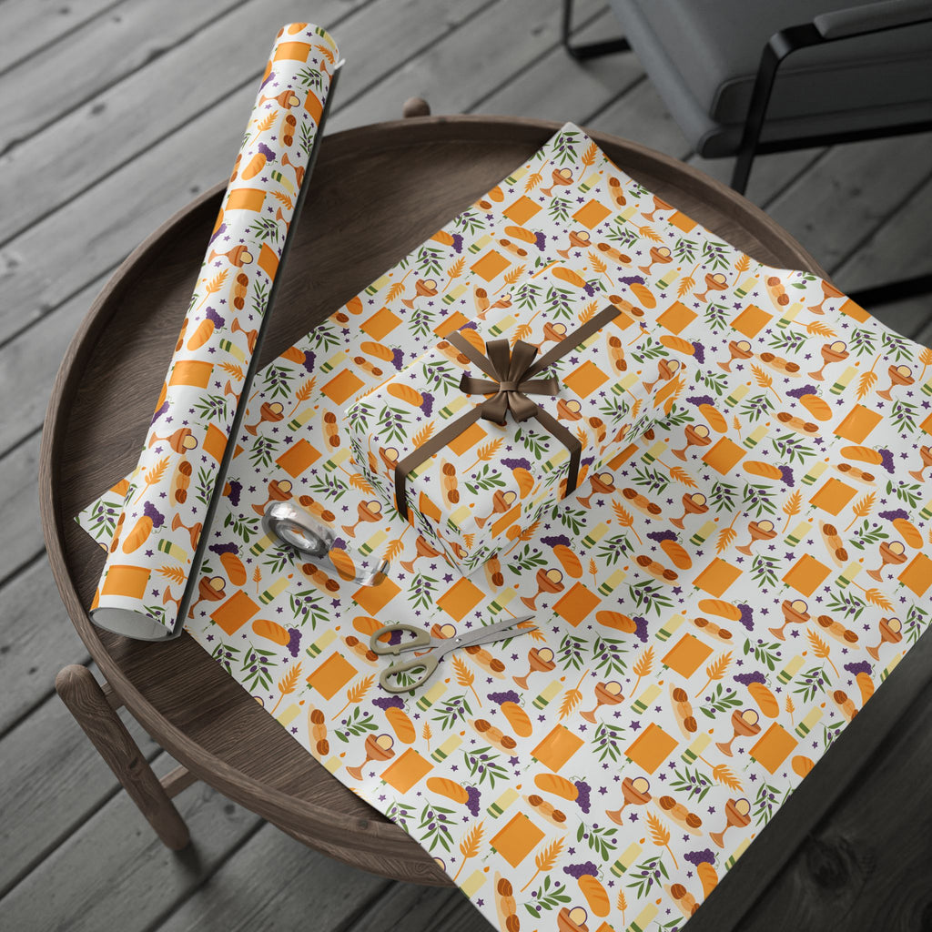 Shabbat Blessings Wrapping Paper | Wheat, Grapes, Challah & Candle Judaica Gift Wrap