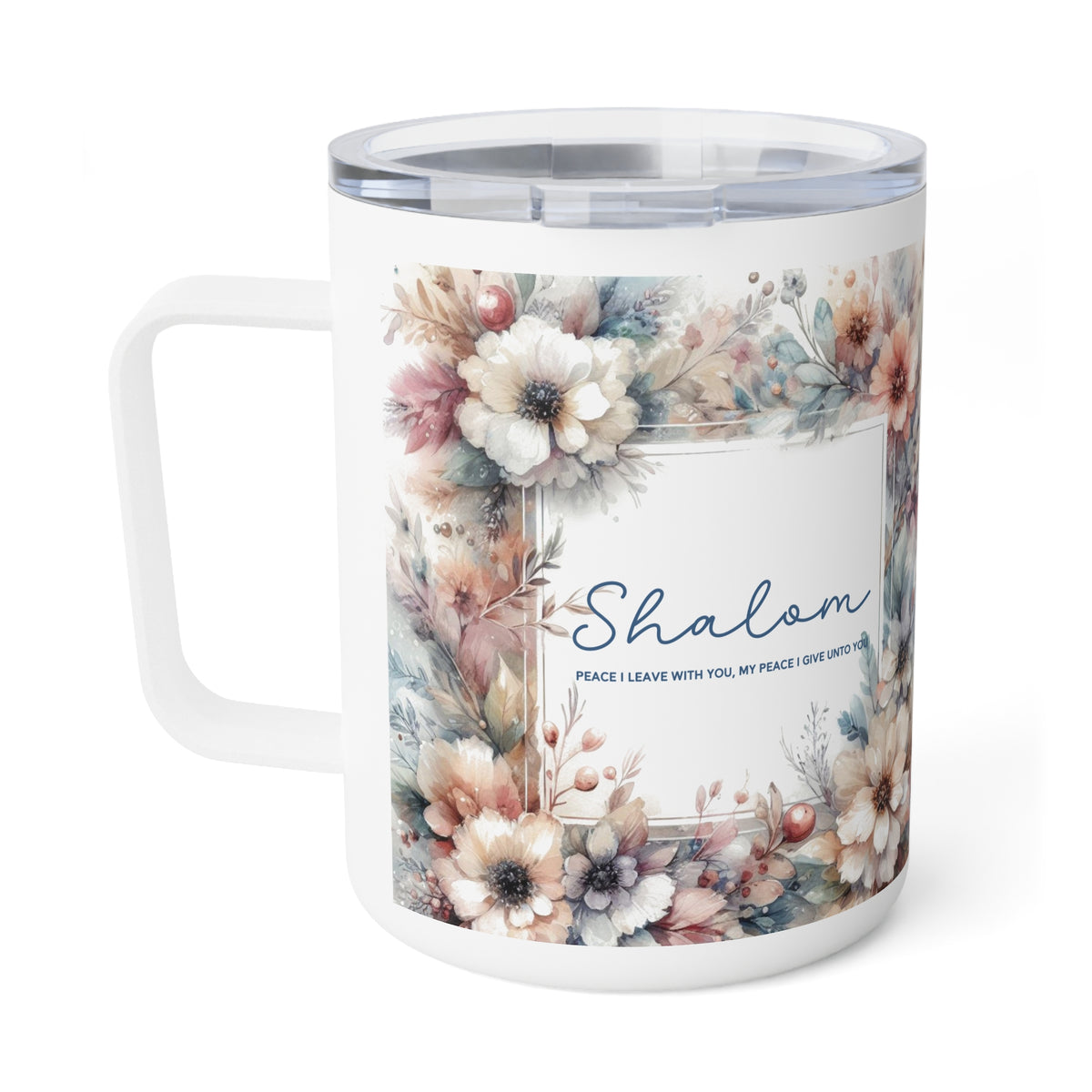 A white insulated travel mug with a clear lid, featuring a watercolor floral border and the word 'Shalom' printed on the front, set against a plain white background.