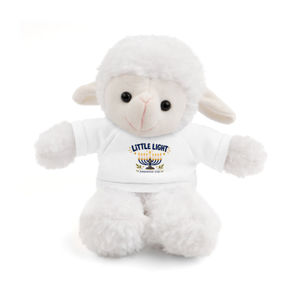 White plush lamb toy with a white shirt on a white background